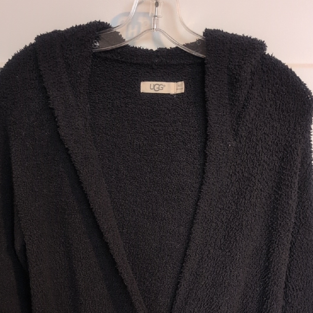 UGG Women's Plush Black Hooded Cardigan. One Button Closure with 2 front pockets